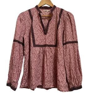 Faherty Aurora Mauve Pink Boho Organic Cotton Peasant Blouse Top Size S V Neck